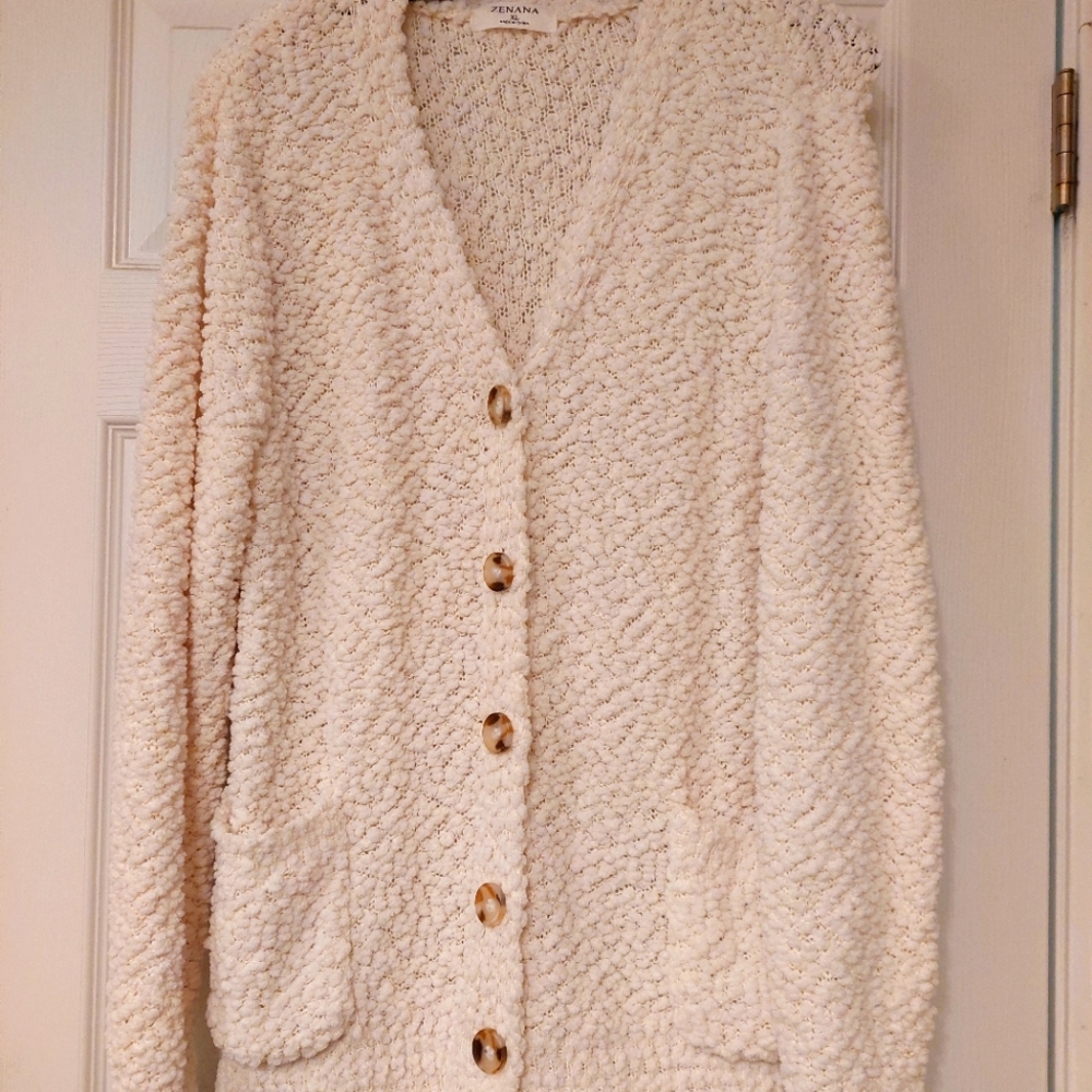 Womens Zenana popcorn cardigan- cream with button front size XL